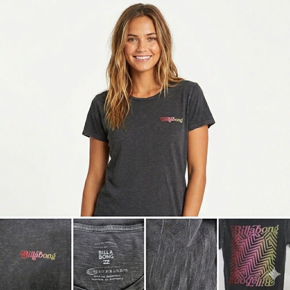 Billabong Shirt XS Faded Black Rainbow Chevron Graphic Wave Wash Skater Surf Tee